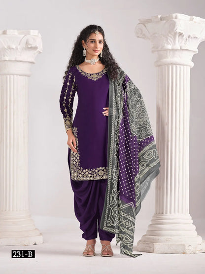 Purple Roman Silk Semi Stitched Suit with Embroidery & Real Mirror Work