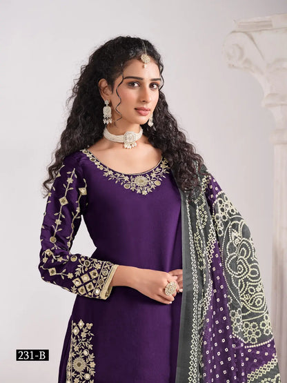 Purple Roman Silk Semi Stitched Suit with Embroidery & Real Mirror Work