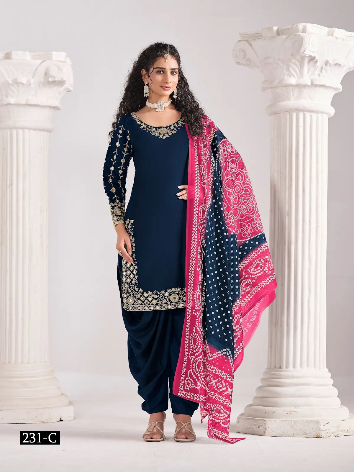 Navy Blue Roman Silk Semi Stitched Suit with Embroidery & Real Mirror Work