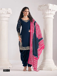 Navy Blue Roman Silk Semi Stitched Suit with Embroidery & Real Mirror Work