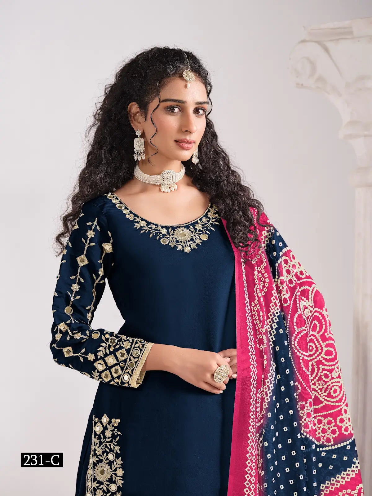 Navy Blue Roman Silk Semi Stitched Suit with Embroidery & Real Mirror Work