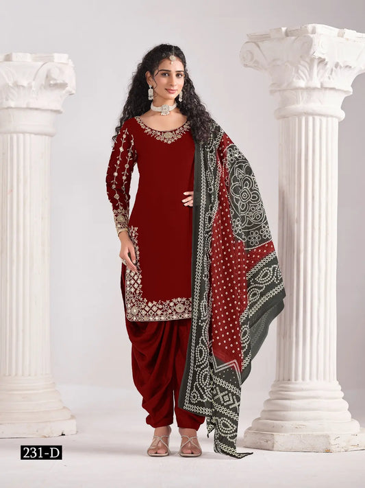 Red Roman Silk Semi Stitched Suit with Embroidery & Real Mirror Work