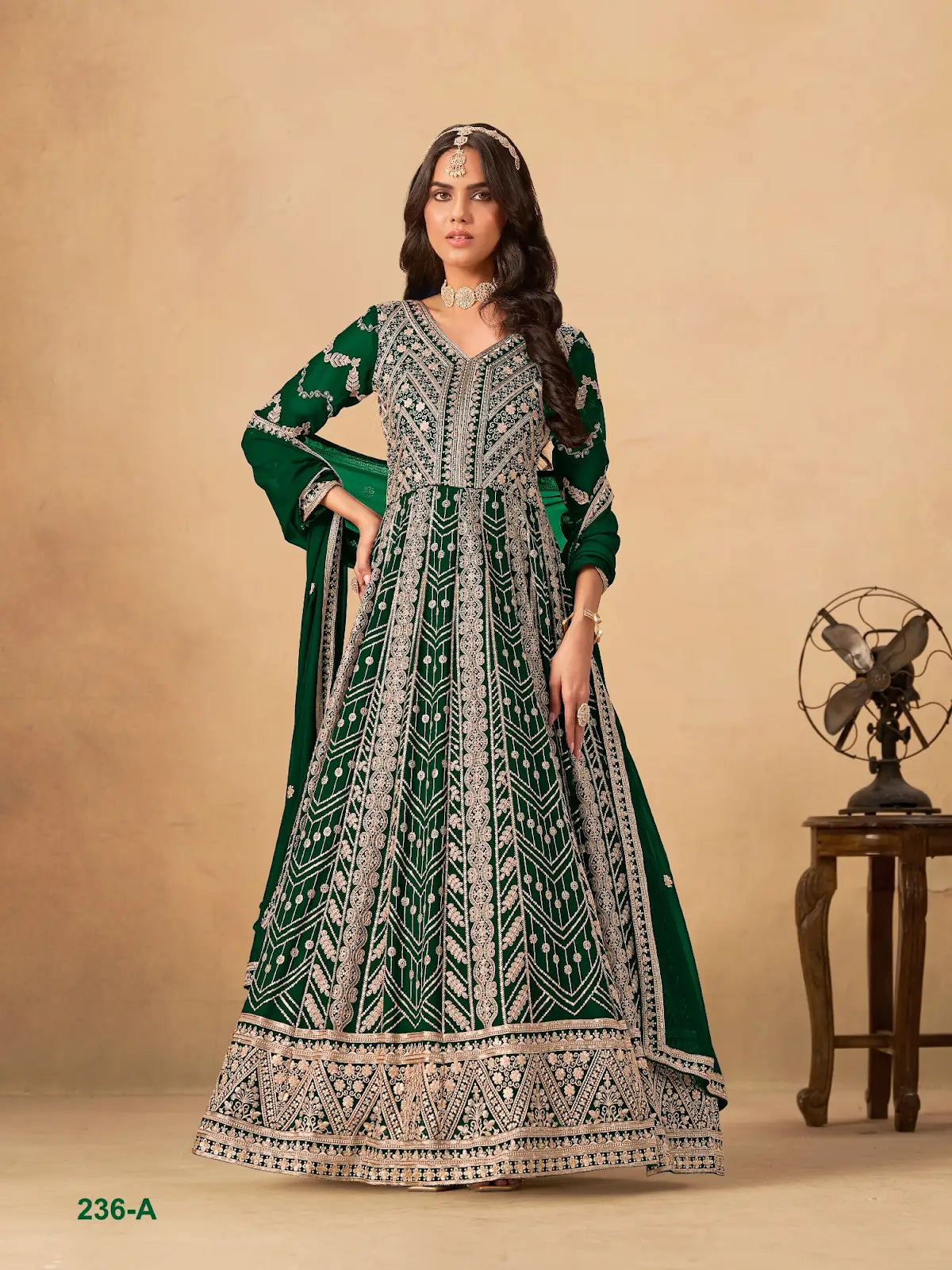 Green Faux Georgette Semi Stitched Anarkali Suit with Heavy Embroidery Work