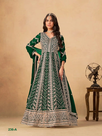 Green Faux Georgette Semi Stitched Anarkali Suit with Heavy Embroidery Work