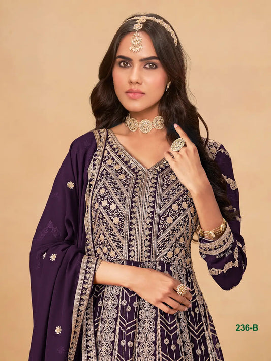 Wine Faux Georgette Semi Stitched Anarkali Suit with Heavy Embroidery Work