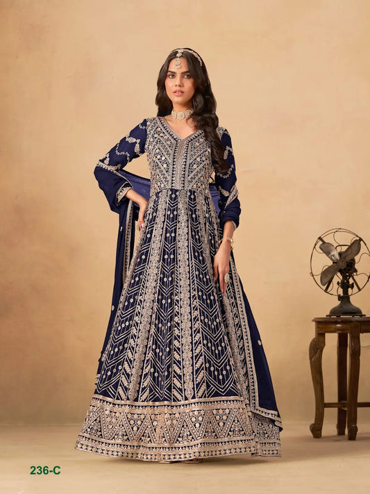 Navy Blue Faux Georgette Semi Stitched Anarkali Suit with Heavy Embroidery Work