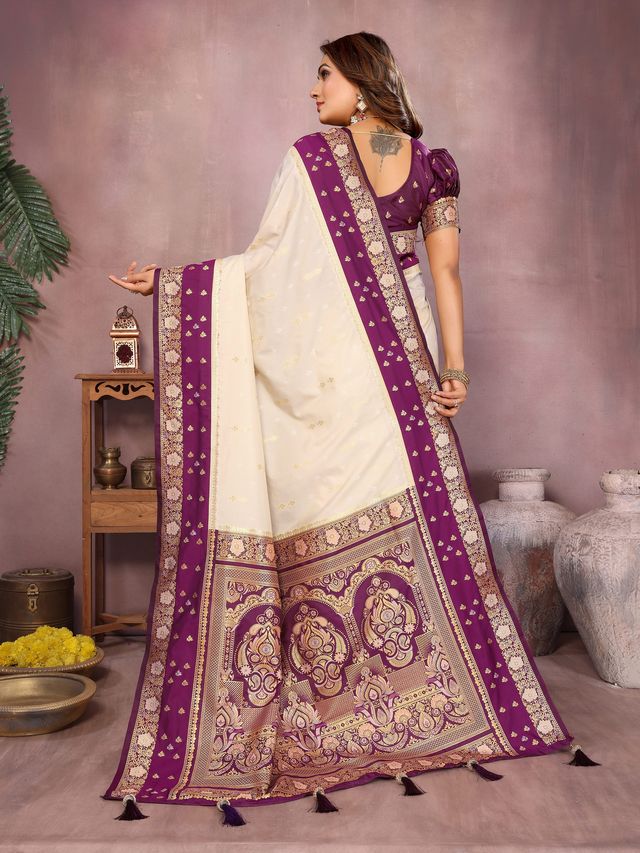 Off White Color Handloom Silk Fabric Weaving Designer Ethnic Partywear Saree