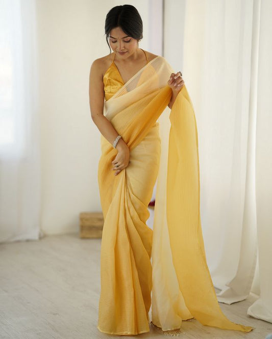 Designer Yellow Color Candy Crush Silk Fabric Stylish Pre Stitched Saree