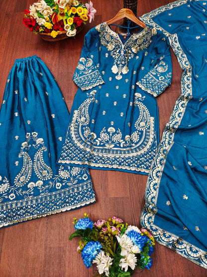 Women's Chinon fabric Embroidery work Kurta with Sharara and Dupatta set 73