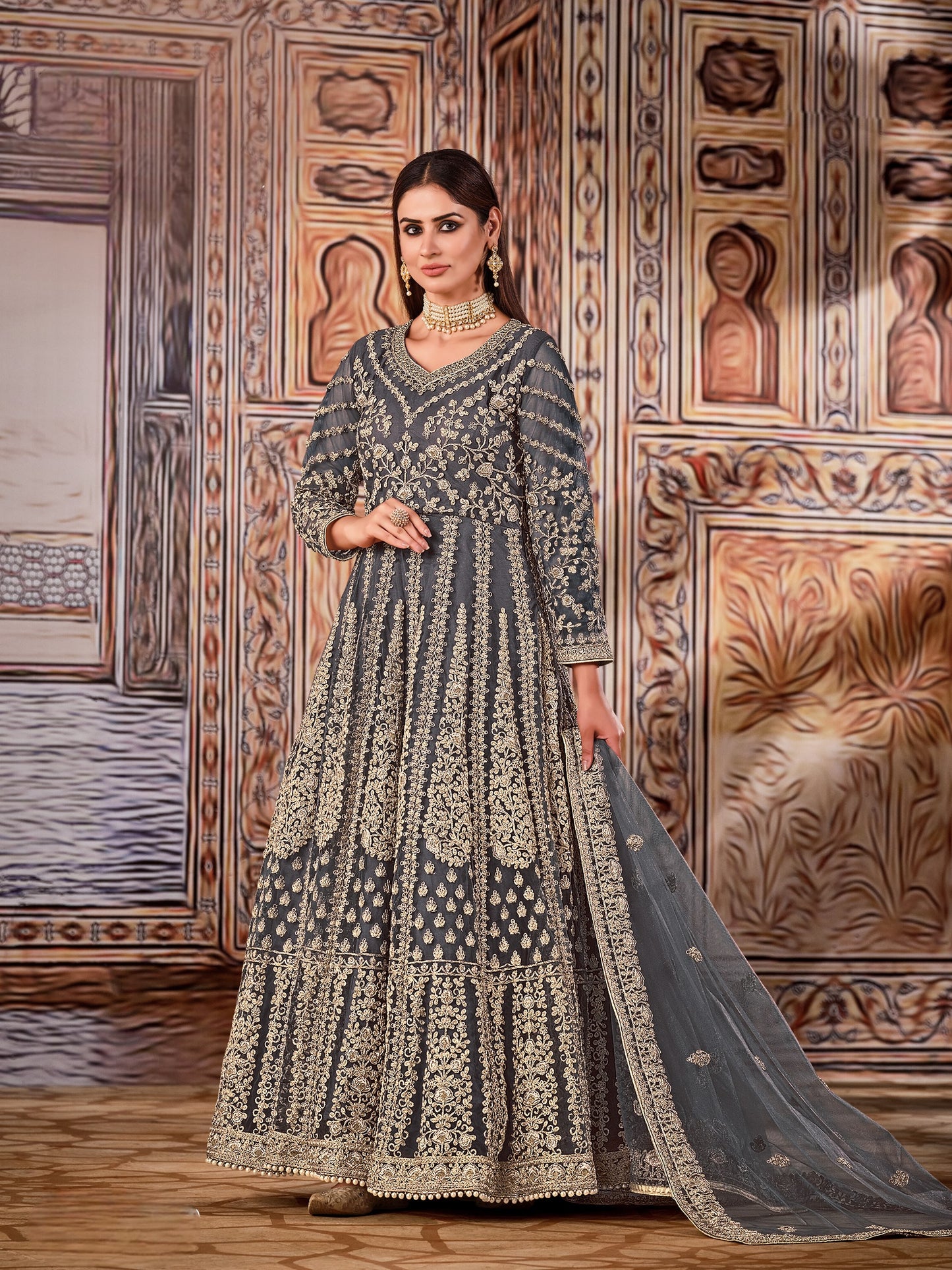 Grey Embroidered Net Semi Stitched Anarkali Suit