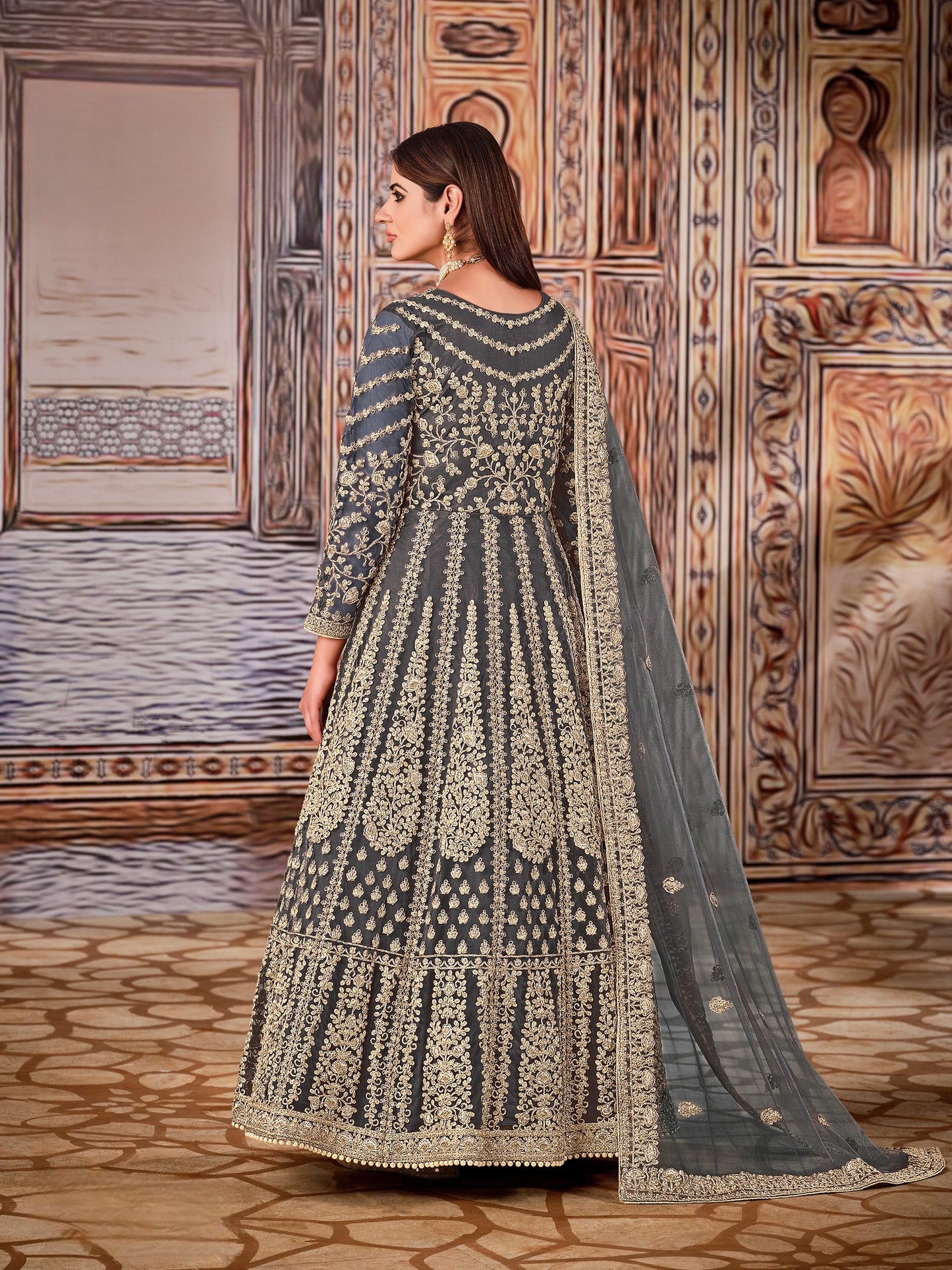 Grey Embroidered Net Semi Stitched Anarkali Suit