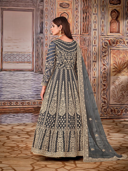 Grey Embroidered Net Semi Stitched Anarkali Suit