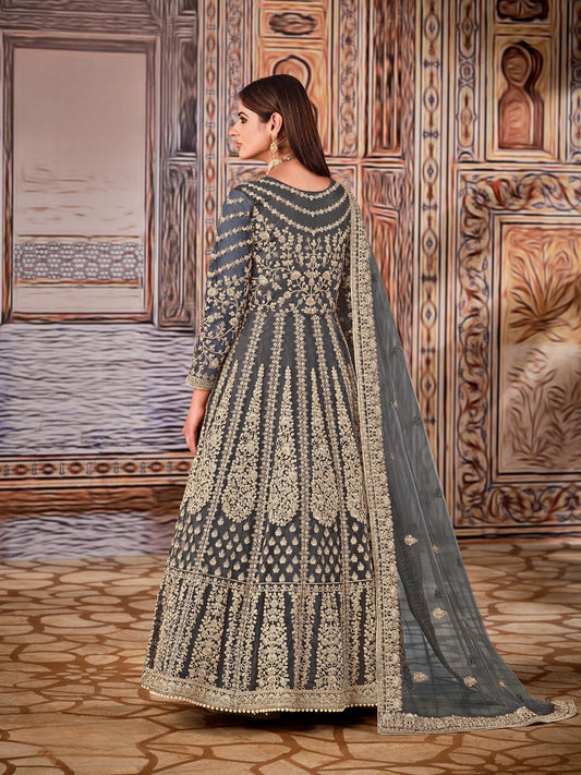 Grey Embroidered Net Semi Stitched Anarkali Suit