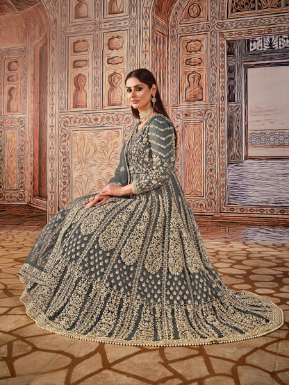 Grey Embroidered Net Semi Stitched Anarkali Suit