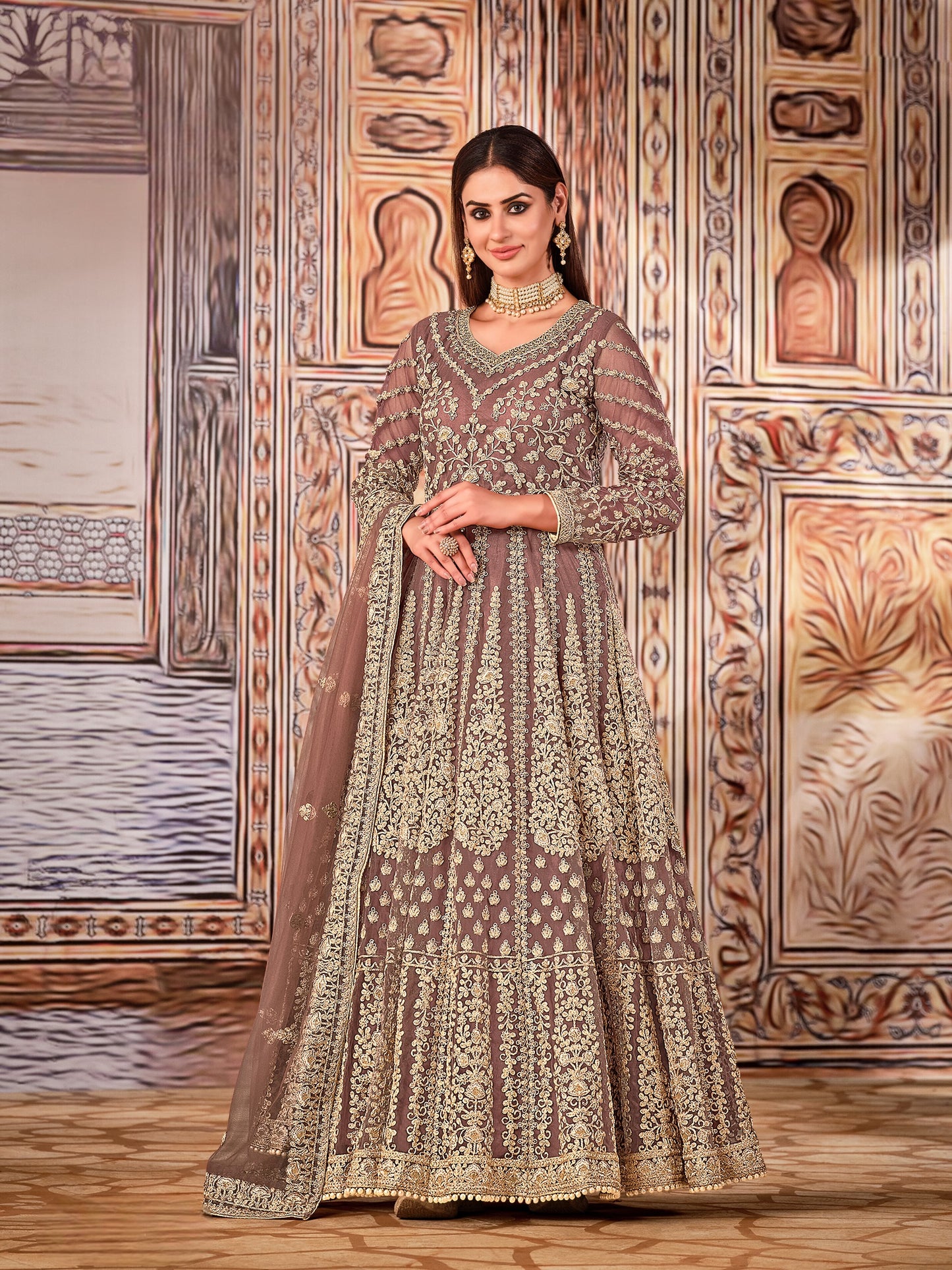 Light Brown Embroidered Net Semi Stitched Anarkali Suit