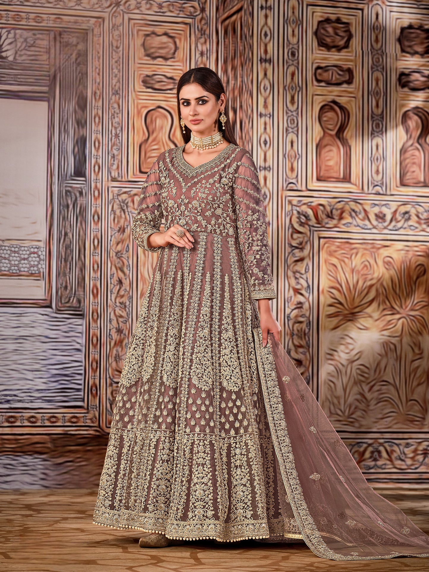 Light Brown Embroidered Net Semi Stitched Anarkali Suit