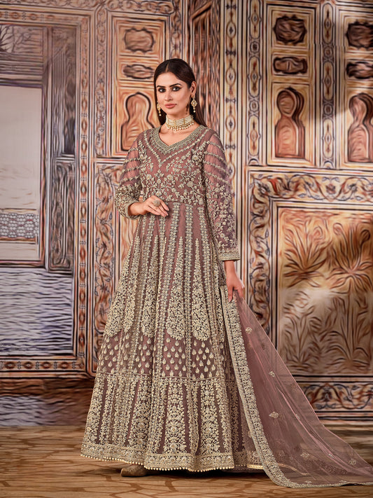 Light Brown Embroidered Net Semi Stitched Anarkali Suit