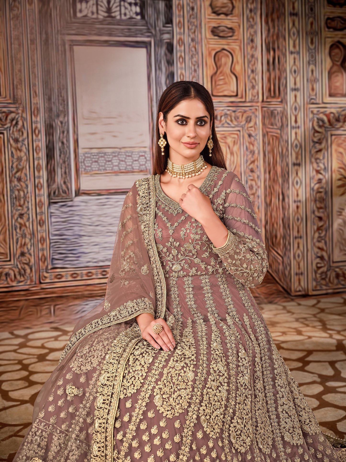 Light Brown Embroidered Net Semi Stitched Anarkali Suit