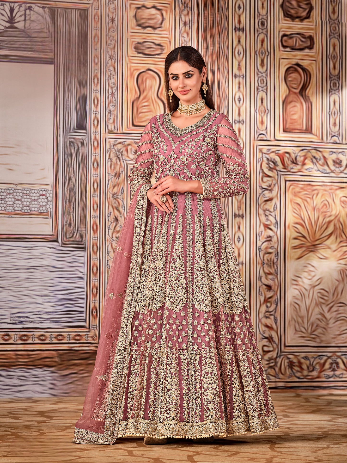 Light Purple Embroidered Net Semi Stitched Anarkali Suit