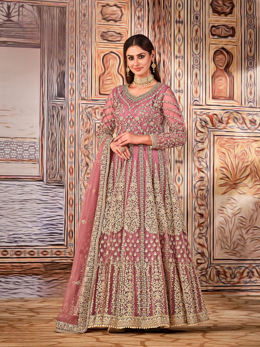 Light Purple Embroidered Net Semi Stitched Anarkali Suit
