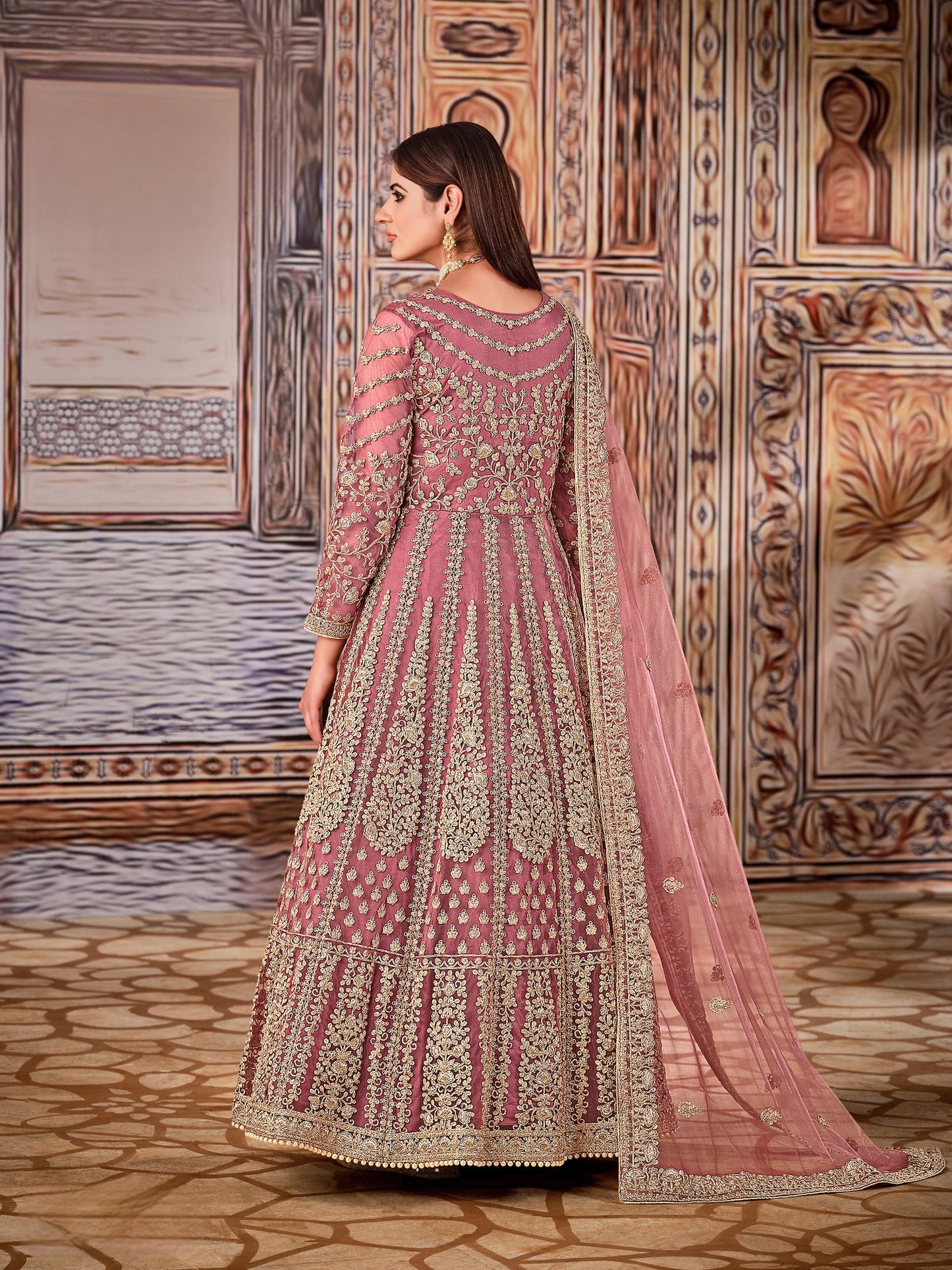 Light Purple Embroidered Net Semi Stitched Anarkali Suit