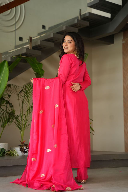 Gajri Color Chinon Fabric Designer Embroidery Work Suit for Trendy Girlie Looks