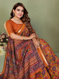 Mustard Printed Mal Cotton Saree With Blouse
