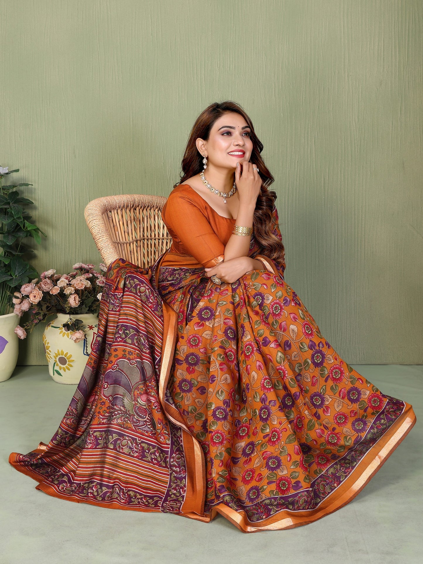 Mustard Printed Mal Cotton Saree With Blouse
