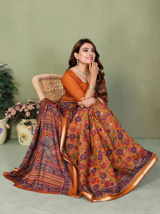 Mustard Printed Mal Cotton Saree With Blouse