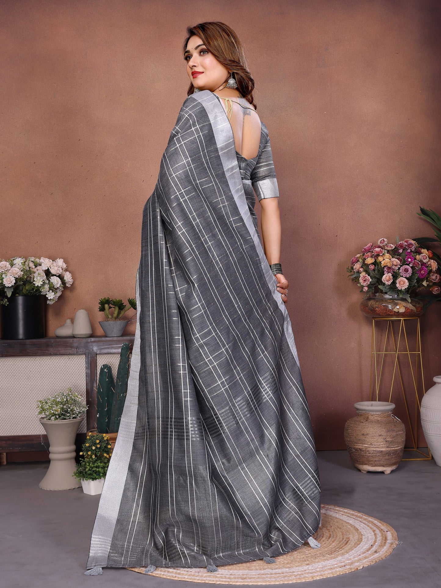 Grey Weaving Linen Cotton Saree With Blouse