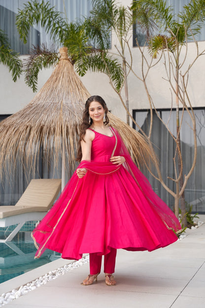 Ranipink Pure Romansilk Chanderi Plain Fully Flair Anarkali Suit