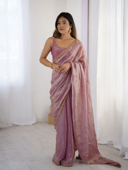 Pink Color Beautiful Fancy Partywear Fendy Satin Saree