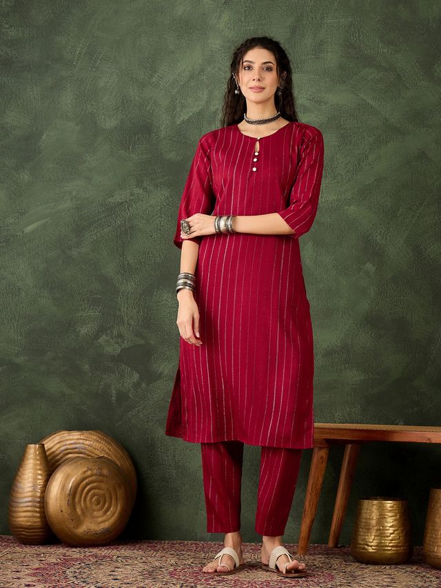 Maroon Color Cotton Silk Blend Beautiful Stylish Tendy Top Bottom Set