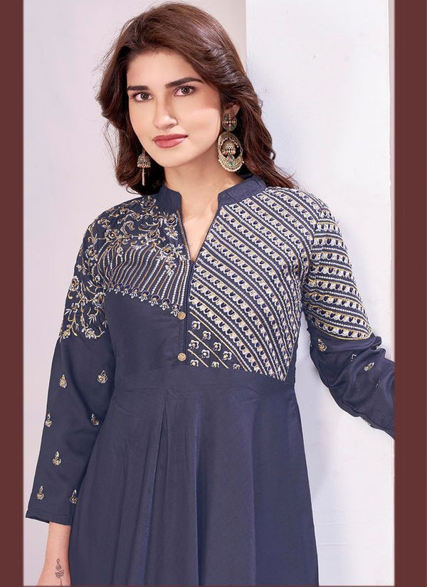 Dark Grey Color Beautiful Embroidered Ceremonial Gown For Classy Looks