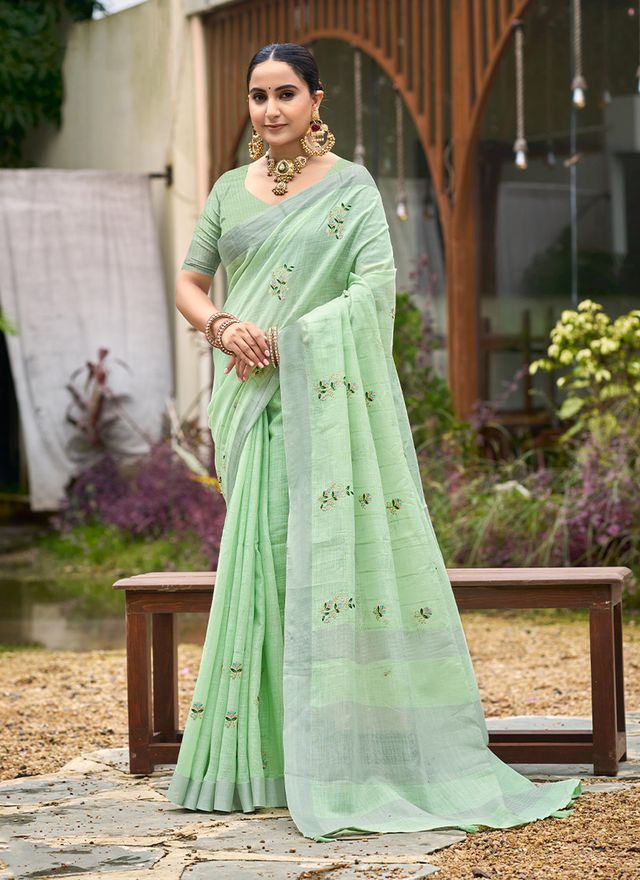 Green Color Beautiful Linen Fabric Sophisticated Ethnic Saree