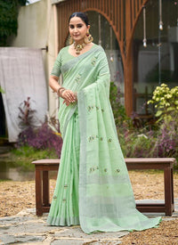 Green Color Beautiful Linen Fabric Sophisticated Ethnic Saree