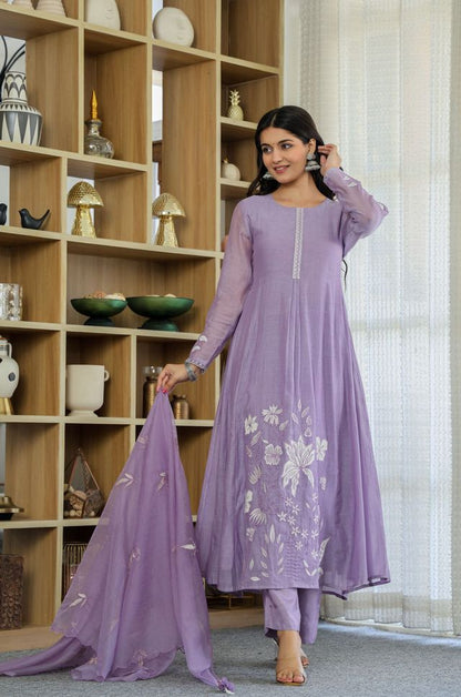 Lavender Color Chanderi Silk Fabric Designer Ethnic Readymade Kurta Set