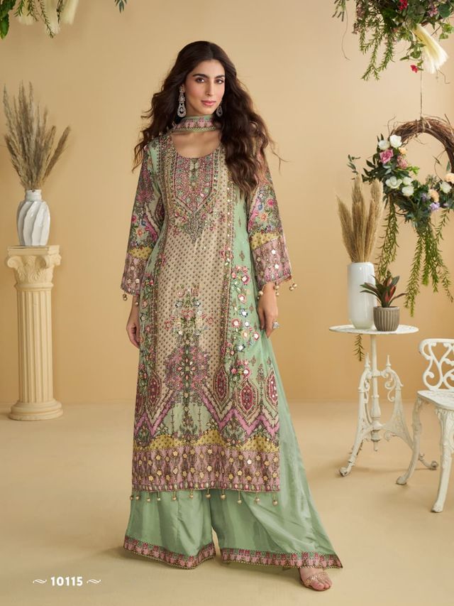 Pastel green Heavy Crepe Digital Print Full Stitched Palazzo Suits