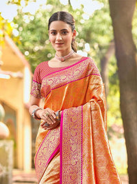 Orange Color Kanjivaram Silk Ethnic Fancy Meenakari Designer Saree