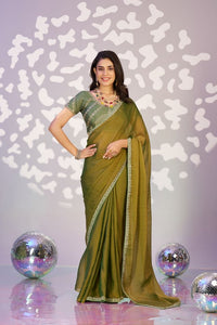 Green Color Ethnic Embroidered Moss Chiffon Fabric Girlie Partywear Saree