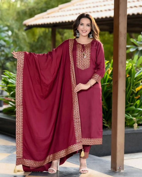 Maroon Rayon Slub Fabric Beautiful Graceful Ceremonial Kurta Set