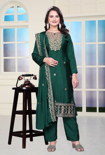 Women's Chinon fabric Embroidery work Kurta with Pant and Dupatta set