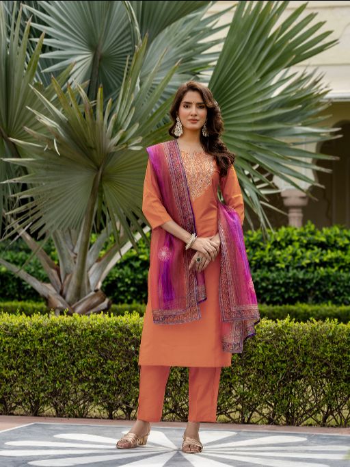 Women Gorgeous Embroidery Rayon Fabric with Straight Kurta, Pant and Dupatta Set 700