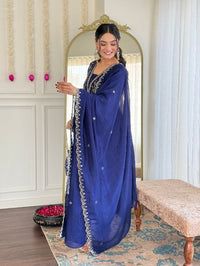 Women Beautiful Embroidery Vichitra Silk Fabric with Flared Kurta, Pant and Dupatta Set