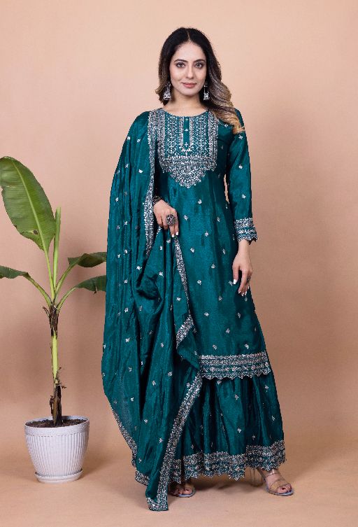 Women's Chinon fabric Embroidery work Kurta with Sharara and Dupatta set