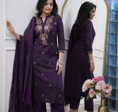 Women's Viscose Rayon Embroidered Straight Kurta with Pant And Dupatta Set