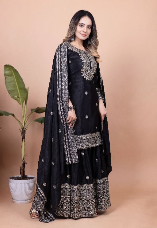 Beautiful Women's Chinon fabric Embroidery work Kurta with Sharara and Dupatta set