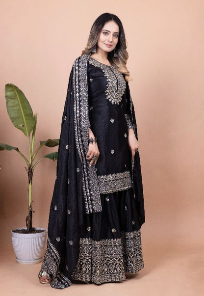 Beautiful Women's Chinon fabric Embroidery work Kurta with Sharara and Dupatta set