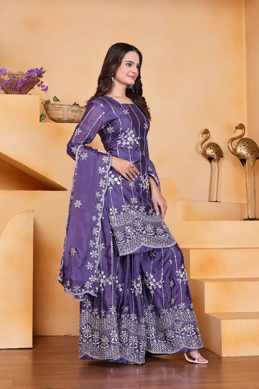 Women's Gorgeous Embroidery Work Chinon Fabric Straight Kurta Sharara and Dupatta Set 11