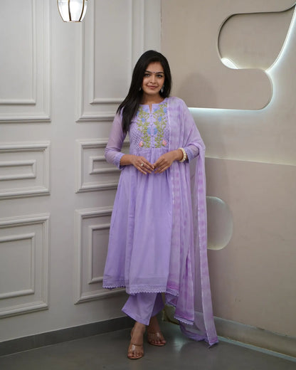 Women's Beautiful Georgette Fabric Thread Work Flared Kurta Pant and Dupatta Set